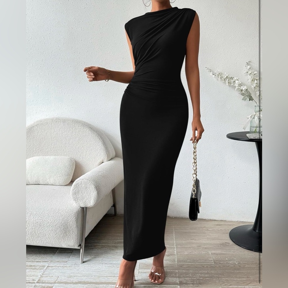 BTFBM Ruched Bodycon Casual Sleeveless Back Slit Elegant Party Cocktail Dress
